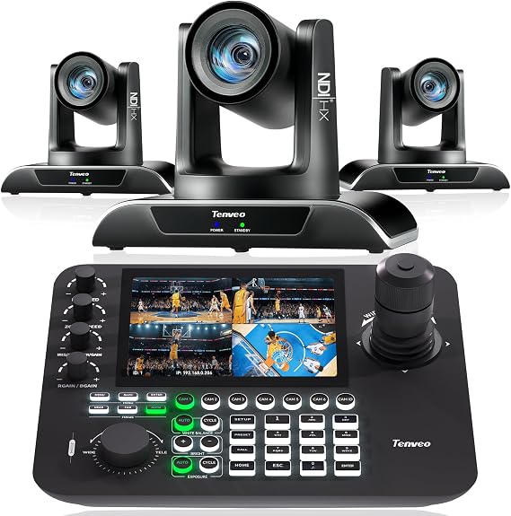 Tenveo PTZ Camera and Controller Bundle/Kits - 20X AI Auto Tracking HDMI/USB3.0/LAN(PoE) NDI PTZ Camera(3PCS) and 7'' Quad-Screen NDI Joystick Controller for Church Service Events Live Streaming