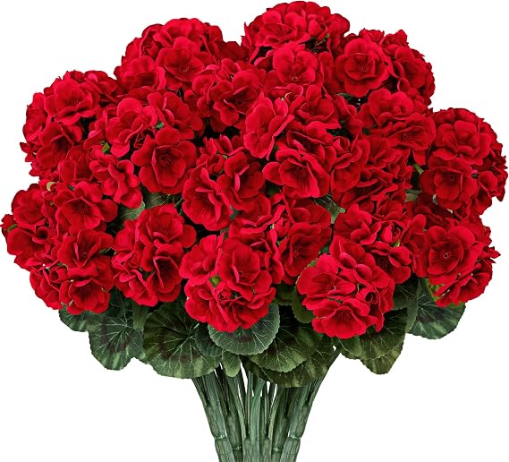14" Artificial Red Geranium 6-Pack Silk Flowers for Outdoors