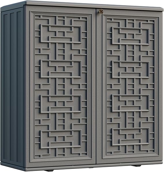 Mrosaa Indoor Outdoor Storage Cabinet Waterproof with Shelf,Plastic Storage Sheds Outdoor Cabinets for Patio/Garden/Backyard, Size 34.3''L*15''W*36.2''H(Gray)