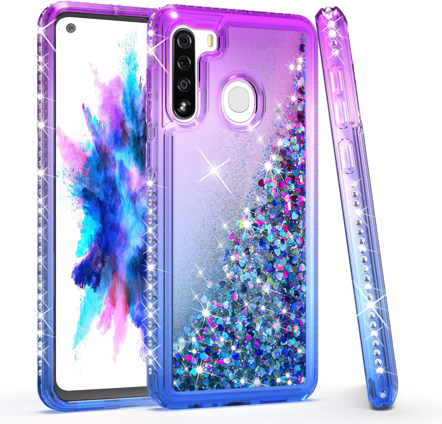 KULECase Glitter Samsung Galaxy A21 Diamond Phone Case, Floating Liquid Quicksand Protective Phone Cover, Stylish Elegant for Women Girls PurpleBlue