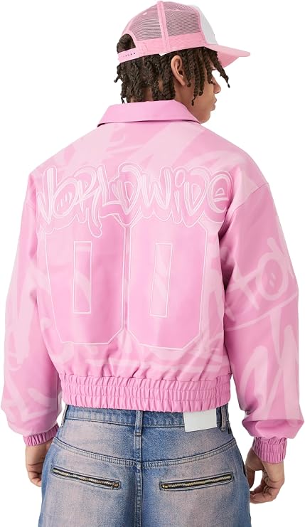 Boxy BM Printed Collared Bomber Jacket In Pink