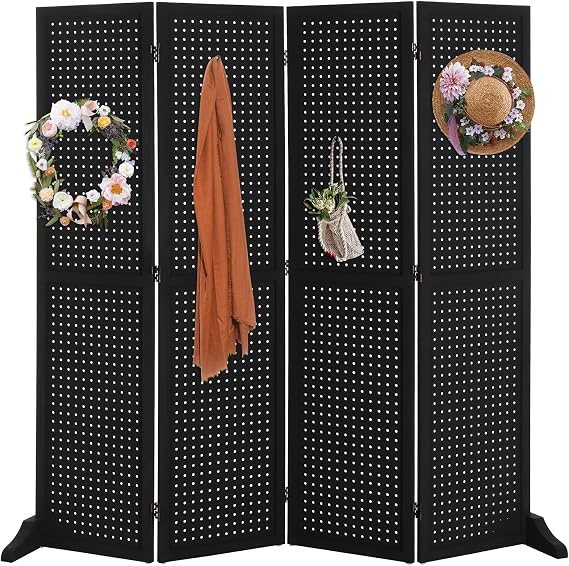 Bonnlo 4 Panel Pegboard Freestanding, 5 FT Portable Display Board Organizer for Craft Show Jewelry, Wooden Folding Privacy Screen Room Divider (with Base, Black)
