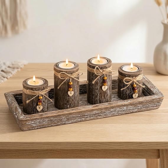 Romadedi Wood Tray with 4 Tea Light Candle Holders, Table Centerpiece