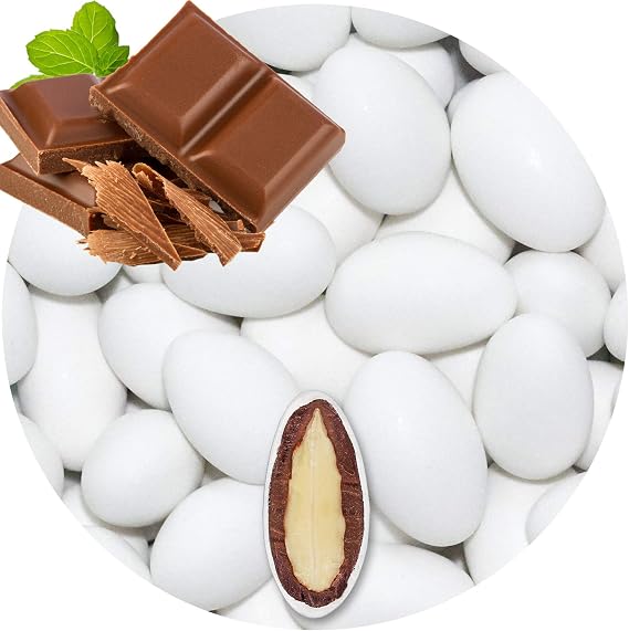 EinsSein 500g Chocolate Milk Almonds Dragees white matt | 80 pieces, 1,9 cm, Sugar Candy Coated Jordan Almond | for Weddings Baptism & Party Favors (Gift Box Fillers) | Sweet for wedding favours