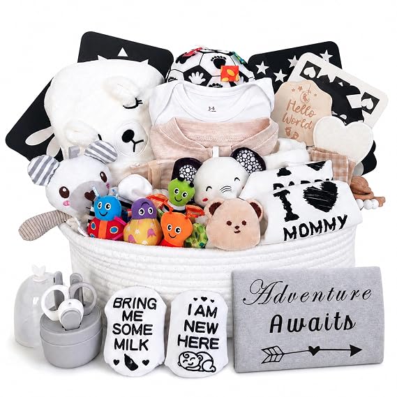 Ultimate Gender-Neutral Baby Gift Basket, High-Contrast Black & White Newborn Essentials, Premium All-in-One Unisex Baby Shower & Gender Reveal Gift Set for Boys & Girls with Swaddle Diaper Caddy
