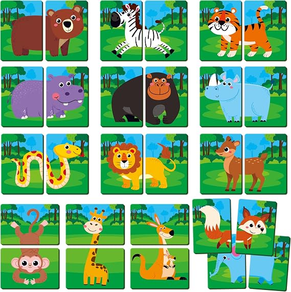 SpriteGru Jungle Animal Memory Game, 28 Chunky Cards Wild Animal Head Tail Matching Game 1-5 Players Memory Matching Game for Age