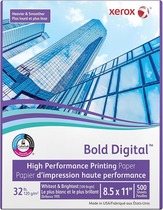 Xerox Bold DigitalTM Printing Paper, Letter Size, 100 Brightness, 32 Lb Text (120 gsm), FSC Certified, White, Ream Of 500 sheets