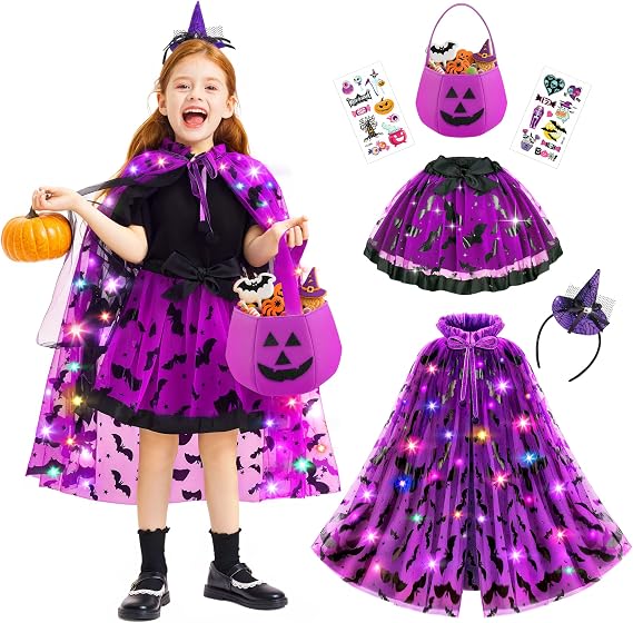 Light up Witch Cape, Girls Halloween Costume Bat Tutu for Girl 3 4 5 6 | Trick or Treat Bag, Witches Headband Halloween Dress up for Toddlers Jeowoqao