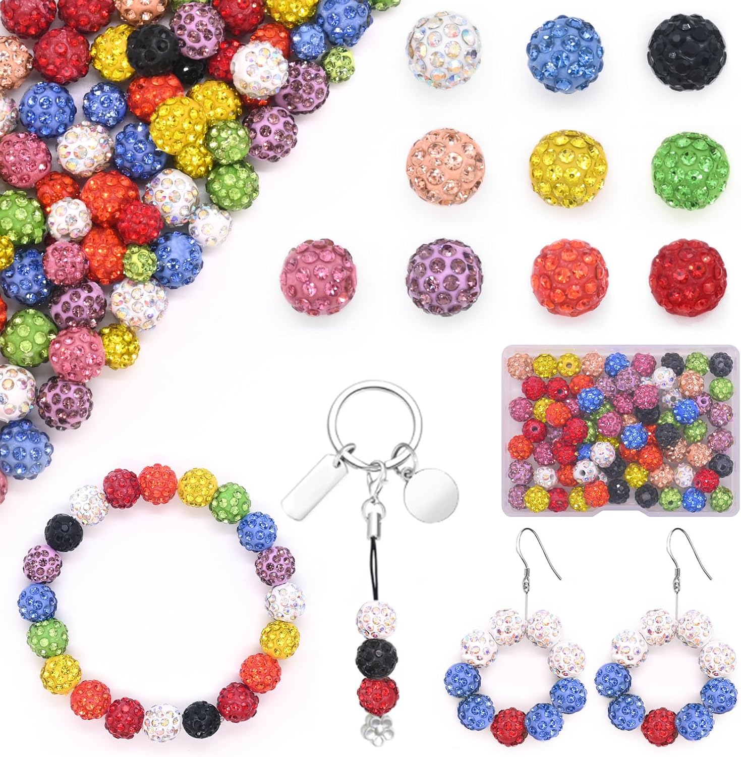Mispudin 100Pcs 10mm Rhinestone Clay Beads - 10 Color Round Shamballa Beads, Glitter Sparkly for Crafting, Bracelet Making & DIY Jewelry
