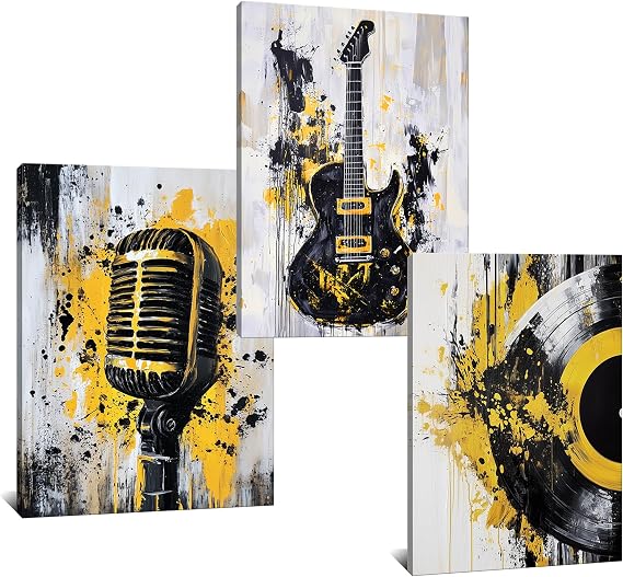 Kalormore 3 Pieces Music Artistic Paintings Wall Art Black and Gold Guitar Microphone Record Set Picture Prints for Music Studio Home Decor Framed