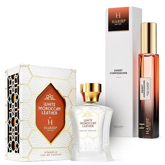 H HABIBI White Moroccan Leather and Sweet Confessions Perfume Bundle | Arabian Fragrance Set for Men and Women | Long Lasting Woody Spicy and Gourmand Notes