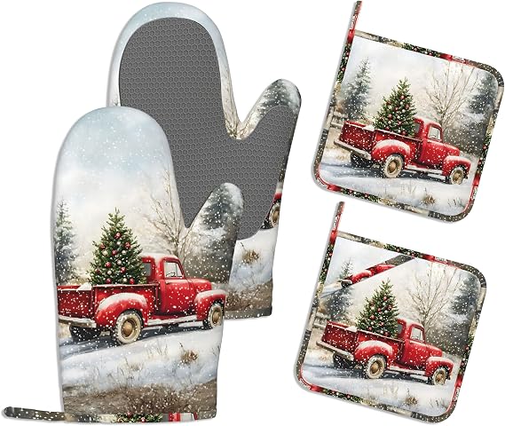 Kitchen Mitts Set,Red Truck Oven Mitts and Pot Holders Sets,Thick Cotton Heat Resistant Christmas Tree Hot Pan Holder Extra Long Cooking Mitts for Cooking Baking Grilling BBQ Bakeries