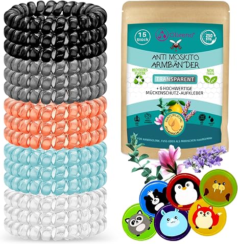 Olleeno Mosquito Repellent Bracelet Mosquito Insect Protection Bracelet for Outdoor Camping Hiking Sports Anti Mosquito Bracelet for Children and Adults (Pack of 15 + 6 Mosquito Plaster Stickers)