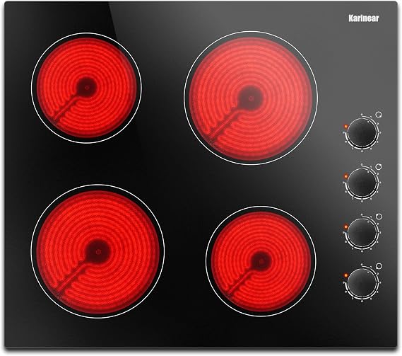 Karinear 4 Burner Electric Cooktop 24 Inch, Built-in Stove Top, 220-240v Radiant Cooktop with Knob Control, Residual Heat Indicator, Over-Temperature Protection, Hard Wire, Black Knob