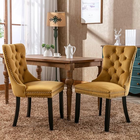 High-end Tufted Solid Wood Contemporary Velvet Upholstered Dining Chair with Wood Legs Nailhead Trim 2-Pcs Set,Gloden, SW2001GL
