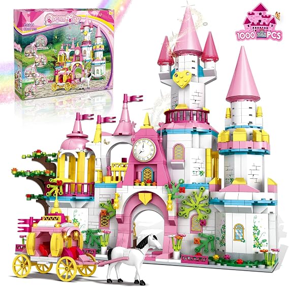 Castle STEM Building Toys for Girls Ages 6 7 8 9 10 11 12 Years Old, Building Sets Girl Boys, 1000PCS Pink Princess Carriage Playsets Creative Blocks Xmas Toy Gifts Kids