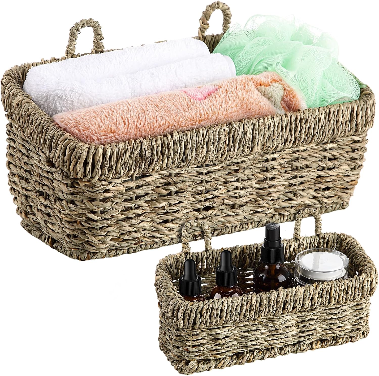 Tioncy 2 Pcs Woven Hanging Wall Baskets for Storage Boho Style Hanging Storage Plastic Woven Baskets with 4 Hooks for Kitchen Garden Living RoomBrown,Sea Grass