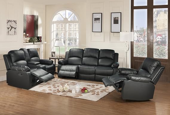 Beverly Fine Funiture Bonded Leather Drop Down Table, 5, 1 Black, 3 Piece Recliner Set, Sofa, Loveseat and Chair