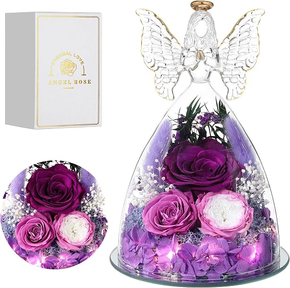 Mothers Day Rose Gifts for Women Preserved Real Flower in Glass Angel Figurines Roses for Delivery Prime Birthday Gifts for Mom Grandma Girlfriend Wife Her, Purple Austin Roses
