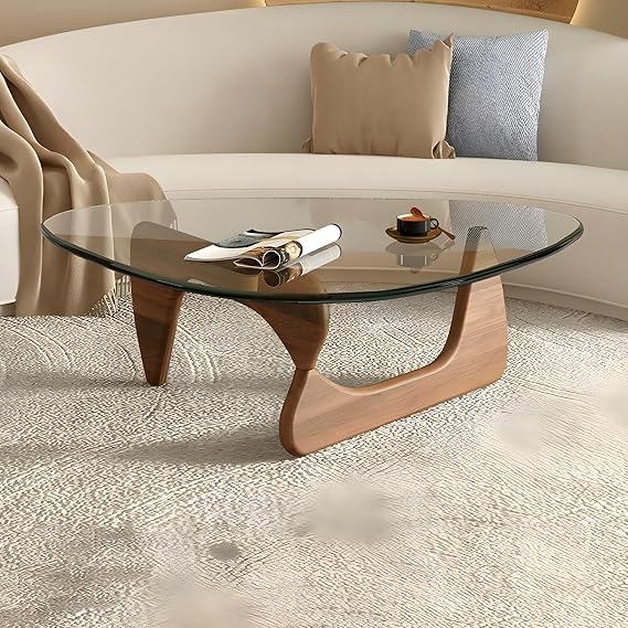 Triangle Glass Coffee Table, Mid-Century Modern, 32"L x 22.5"W x 16"H, Clear Top Walnut Base