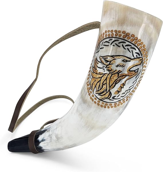Norse Tradesman Viking War Horn – 12" Blow Horn Battle Trumpet Crafted from Authentic Premium Ox Horn – Hand Engraved with Norse Wolves – A Stirring Piece of History – "The Howler"
