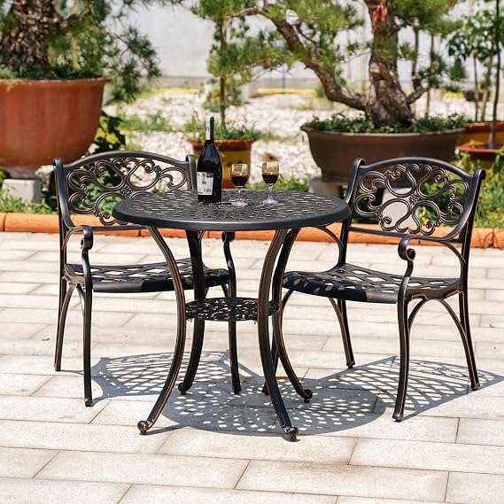 Cast Aluninum Bistro Patio Set 3 Piece Metal Outdoor Bistro Table and Chairs Set of 2 with 2.2" Umbrella Hole,Wrought Iron Bistro Table Set Outdoor Patio Furniture Set for Garden,Bronze