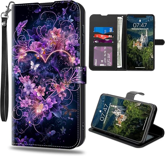for Samsung Galaxy S24 FE Wallet Case with Credit Card Slots Holder, PU Leather Shockproof RFID Blocking Cover for Samsung Galaxy S24 FE,Purple Butterfly Love