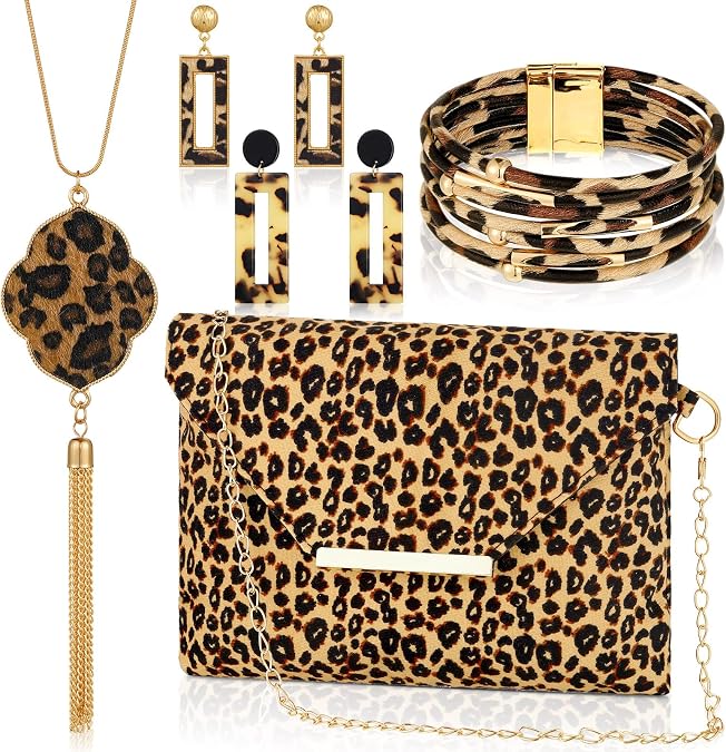 Sotiff 5 Pcs Leopard Jewelry Set Women Necklace Earrings Purse