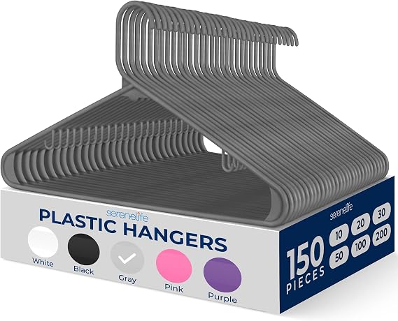 SereneLife 150 Pack Plastic Hangers, Lightweight, Durable, Space Saving Clothes Organizers, Suitable for Shirts, Sweaters, Hoodies, Dresses, Kids Clothes, Good for Home Organization (Gray)