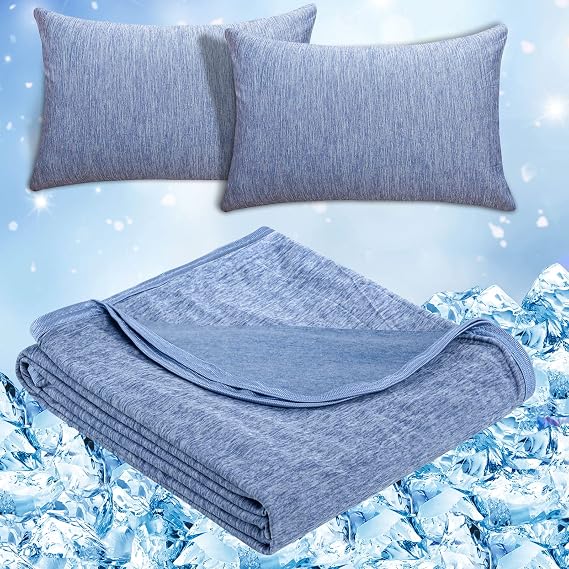 CHOSHOME 1 Pack Blue Cooling Blanket 90" X 108" and 2 Pack Cooling Pillow Cases 20" X 30", Bundle