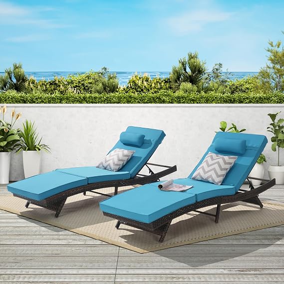 Outdoor Lounge Chairs Set of 2,Wicker Chaise Lounge Chair Pool Chaise Lounge,Patio Lounge Chair with Adjustable Backrest Arm Cushion for Poolside