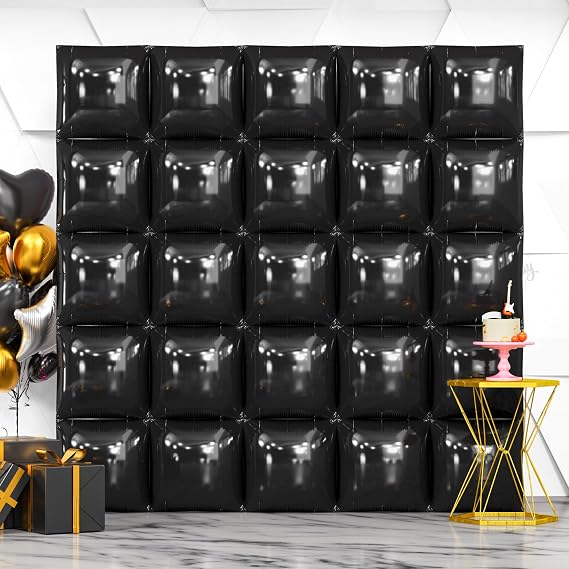 NISOCY 25PCS Metallic Black Square Foil Balloons Wall Backdrop