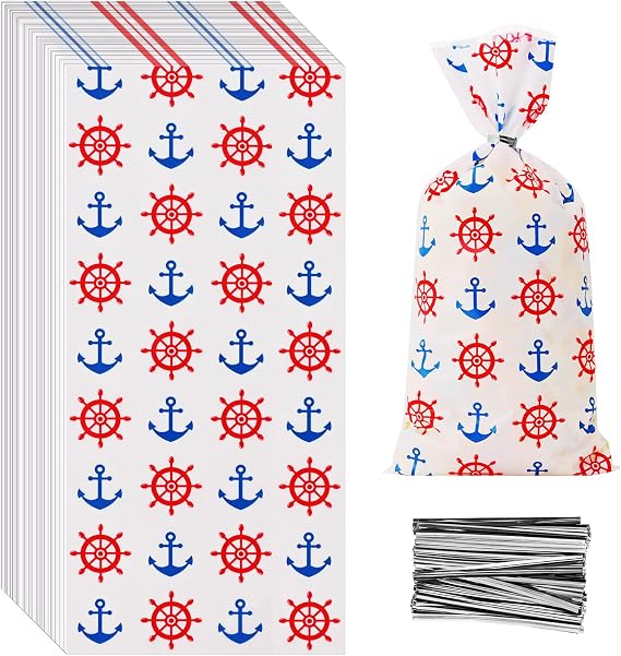 Lecpeting 100 Pcs Nautical Treat Bags Anchors Wheel Print Cellophane Candy Bags Nautical Party Favors with Twist Ties for Theme Birthday Party Supplies