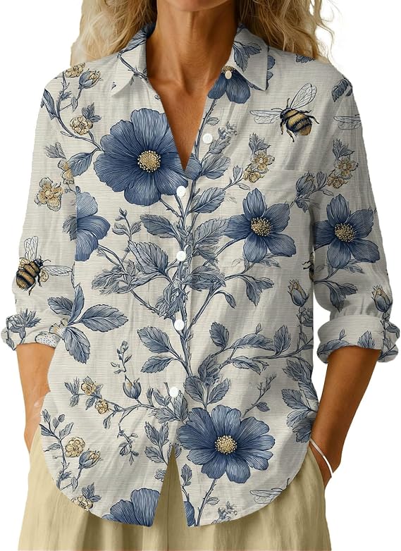 Women's Button Down Shirts Long Sleeve Collared Printed Blouses Casual Work Vacation Tops