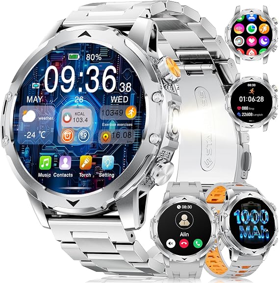 Military Smart Watch for Men, 1.53" Fitness Tracker with 1000 mAh Ultra-Long Battery/Flashlight/Bluetooth Calling/Health Monitor/120+ Sports Modes/IP68 Waterproof for iOS Android, Silver