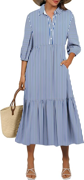 ANRABESS Women 3/4 Puff Sleeve Polo Neck Floral Maxi Dress