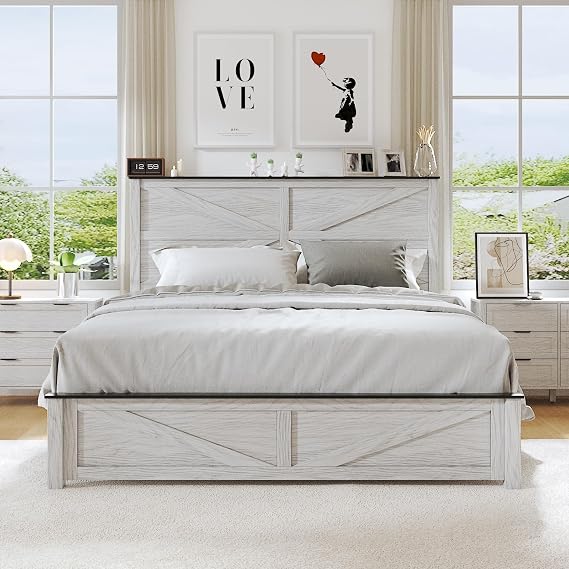 Farmhouse Full Size Wood Bed Frame with Geometric Headboard, Wooden Platform Bedframe with Footboard, No Box Spring Needed, Noise Free, White