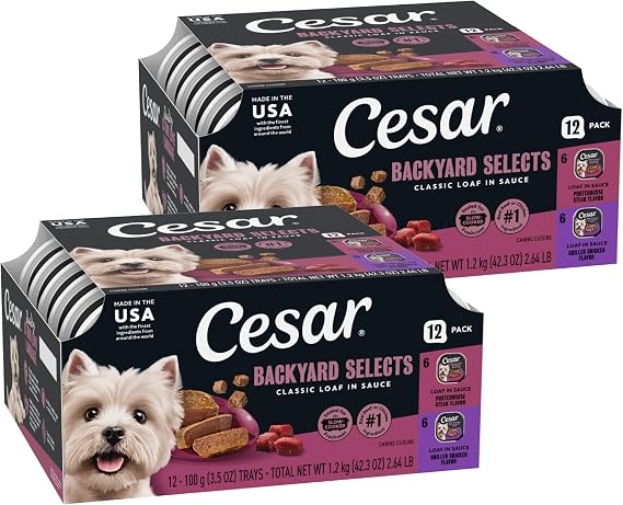 Cesar Classic Loaf in Sauce Adult Wet Dog Food Backyard Cookout, Grilled Chicken Flavor and Porterhouse Steak Flavor, 3.5 oz. Easy Peel Trays, 12 Count Variety Pack (Pack of 2)