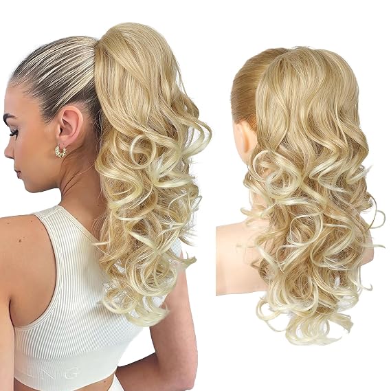 REECHO Ponytail Extension, 18 inch Wavy Drawstring Ponytail Hair Extension for Women, Natural Synthetic Fake Pony Tails Hair Extensions Clip in Hairpiece for Women, Golden Blonde and Beach Blonde