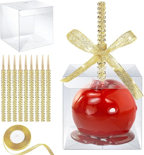 20-Pack Candy Apple Boxes with Bling Stick, Clear Caramel Apple Kit, Gold | Caramel Apple Wrapping Kit, Clear Containers, Rhinestone Bamboo Sticks, Glitter Ribbons, for Halloween, Party Supplies
