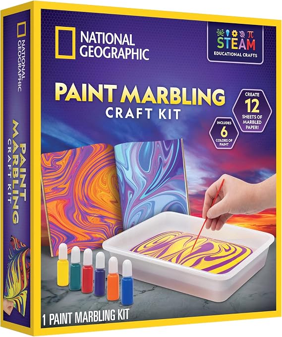 NATIONAL GEOGRAPHIC Marbling Paint Kit for Kids - Create 12 Sheets of Marble Art with Paints & Water, Painting Arts and Crafts Kit