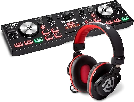 DJ Controller Bundle - USB DJ Controller with 2 Decks, Audio Interface, Touch Capacitive Jog Wheels, DJ Headphones Numark DJ2GO2 Touch and HF175