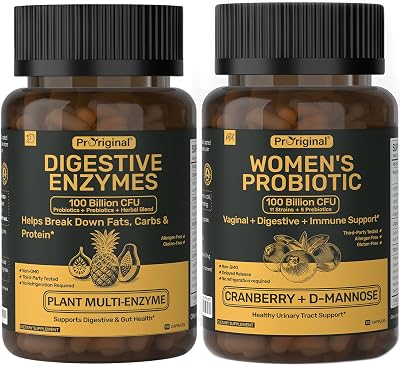 Womens Probiotic & Digestive Enzymes Bundle 100 Billion CFU Probiotic with Prebiotics, Cranberry & D-Mannose  Multi-Enzyme Complex Supports Womens Digestive, Gut, Vaginal & Urinary Health Veg