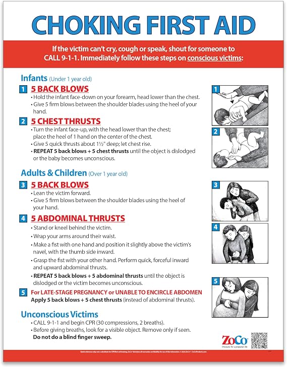 ZOCO - Choking First Aid Poster (10-Pack) - Updated Choking Rescue Guidelines - Laminated 17x22 - Heimlich Maneuver Instructions for Infants Children & Adults
