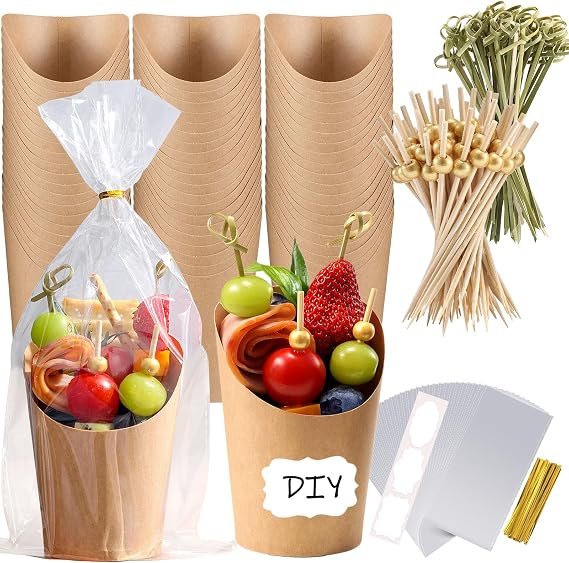 100 Pcs Charcuterie Cups 14oz with Cocktail Skewer Tooth Picks, Brown