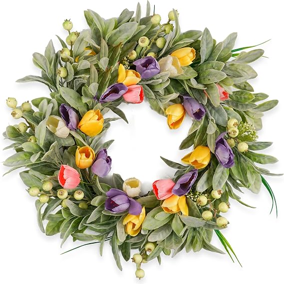 HomeKaren Tulip Spring Wreaths for Front Door 22 Inch, All Season Floral Wreath for Outdoor Indoor Flower, Easter Door Wreath for Spring Summer Easter Home Decor