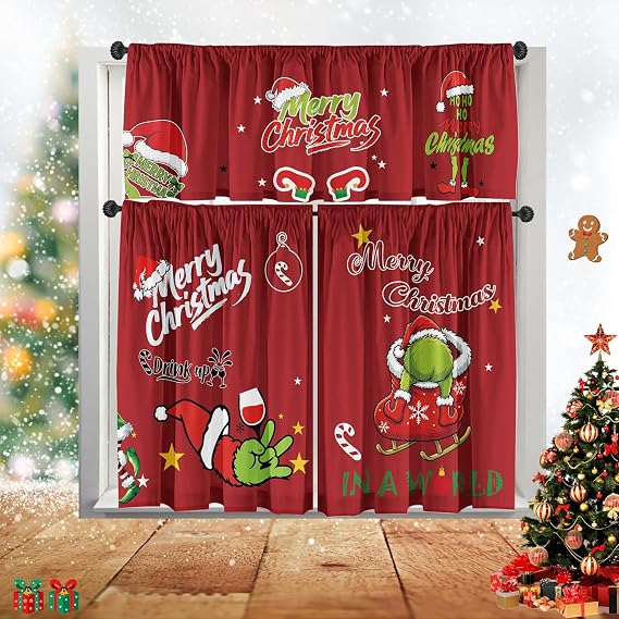 Christmas Kitchen Curtain Winter Holiday Festive Small Window Decoration Farmhouse Tiers Xmas Design 52x18inchx1, 26x36inchx2 3 Panel Rod Pocket Red and Green