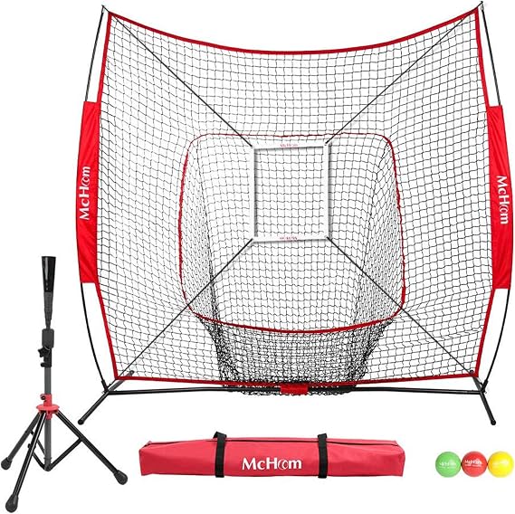 7' x 7' Baseball & Softball Practice Net Set with Travel Tee, 3 Weighted Balls & Strike Zone for Hitting, Pitching, Batting & Fielding Practice | Collapsible and Portable