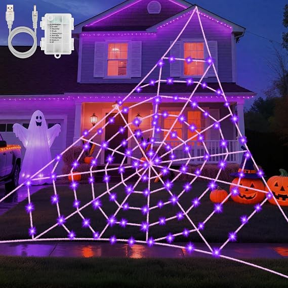Halloween Decorations Spider Web Lights, 5x 5M 120LED Purple Giant Spider Web Lights USB/Battery with Timer 8 Modes Waterproof for Patio Garden Haunted House Outdoor Indoor Halloween Decorations [Energy Class F]