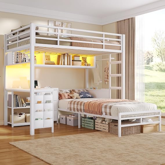 VIAGDO Twin Over Twin Kids Bunk Bed with L Desk & LED Lights, White | Bunk Bed with Charging Station, Bookshelf, Storage Drawers & Safety Guardrail, No Box Spring Needed